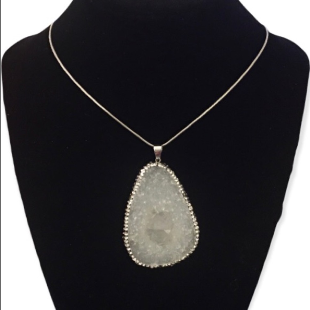 White Drusy Quartz, White and Hematite Australian Crystal Pendant Necklace